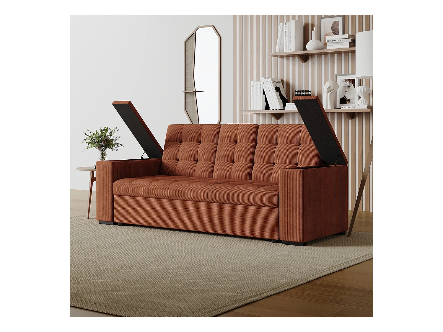 Canapé 3 places convertibles terracotta velours côtelé NOHO