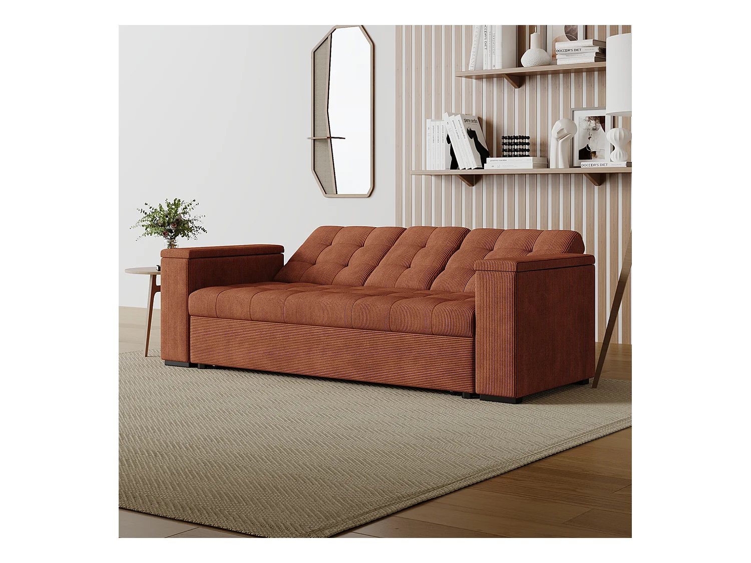 Canapé 3 places convertibles terracotta velours côtelé NOHO