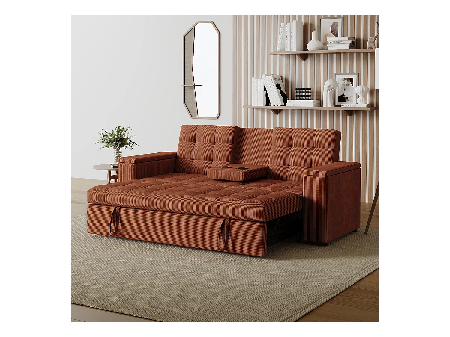 Canapé 3 places convertible avec accoudoirs amovibles terracotta velours côtelé NOHO
