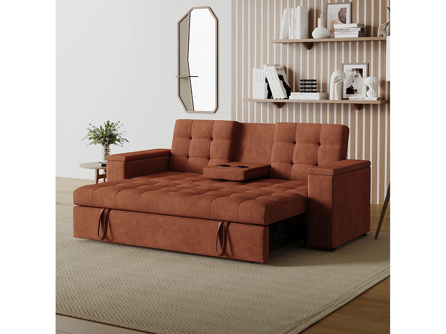 Canapé 3 places convertibles terracotta velours côtelé NOHO