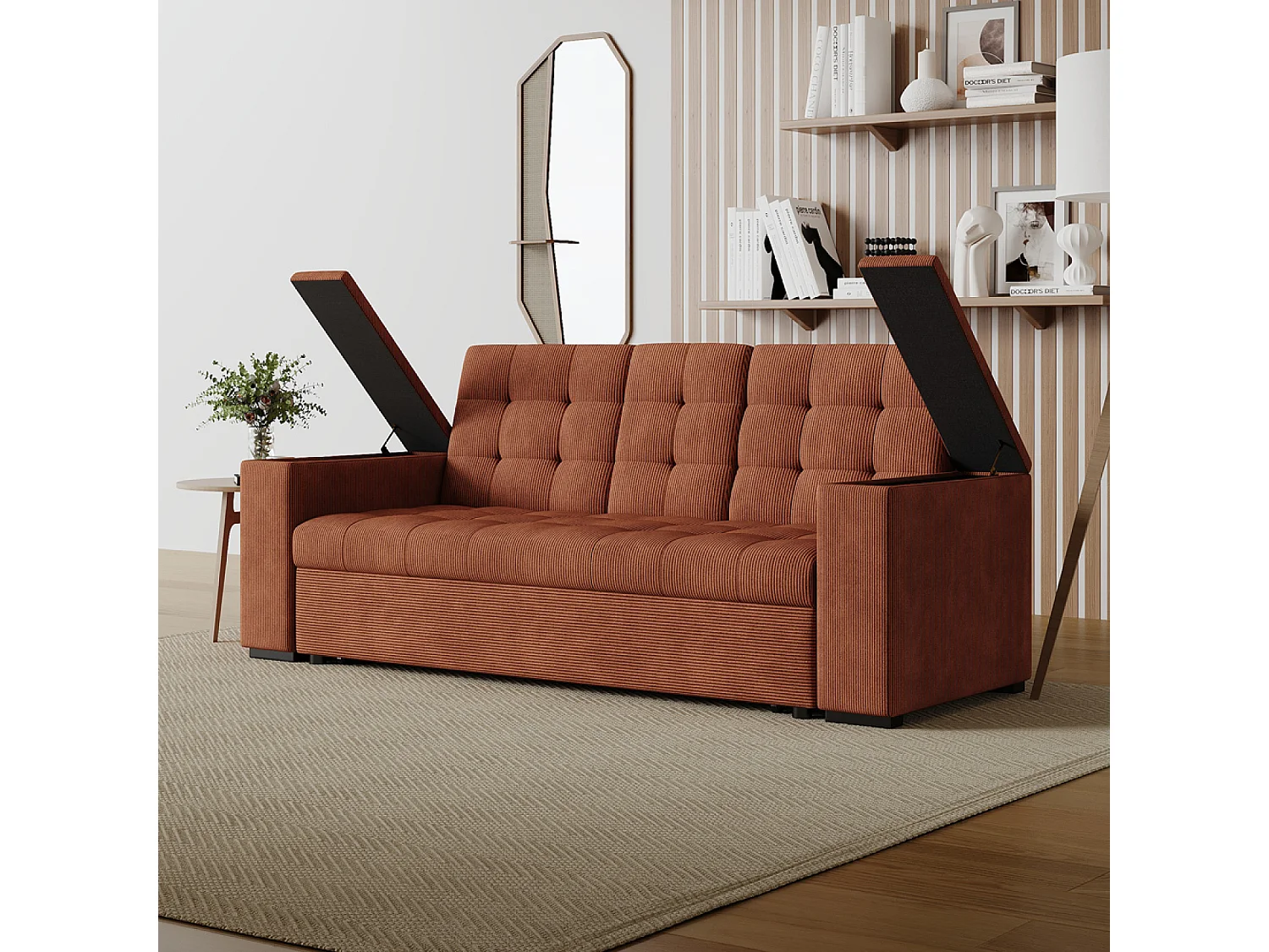 Canapé 3 places convertibles terracotta velours côtelé NOHO