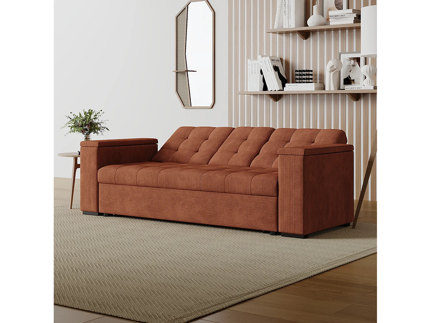 Canapé 3 places convertibles terracotta velours côtelé NOHO