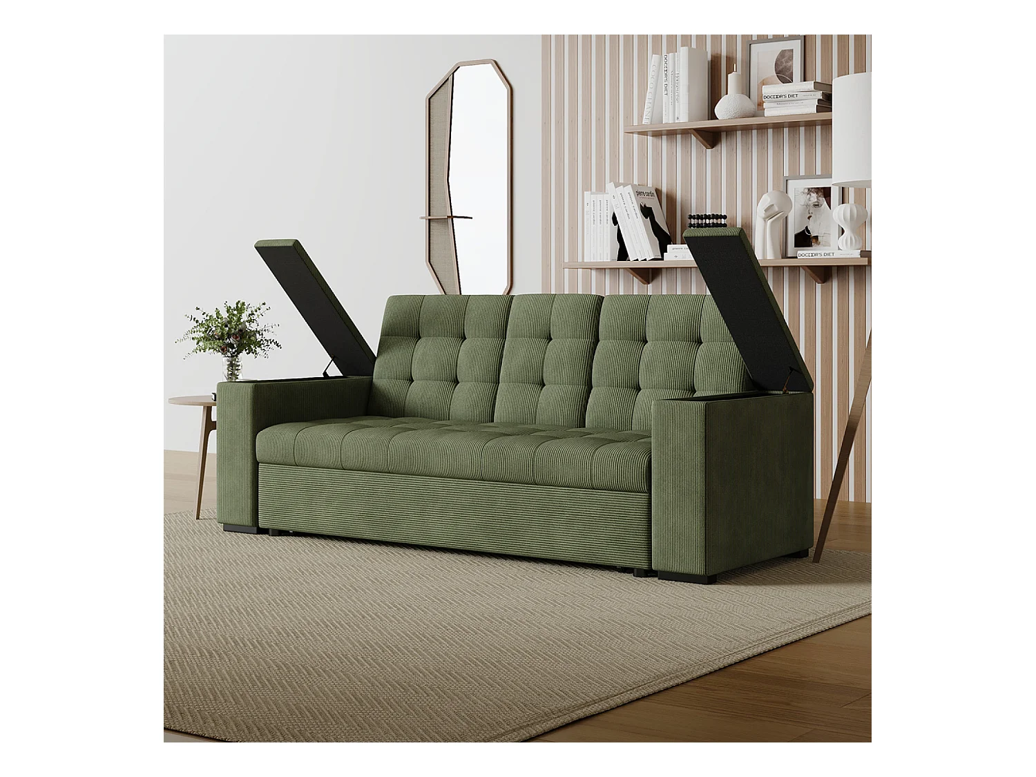 Canapé 3 places convertible vert velours côtelé NOHO