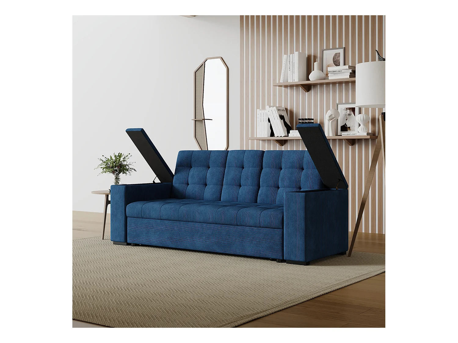 Canapé 3 places convertibles bleu velours côtelé NOHO