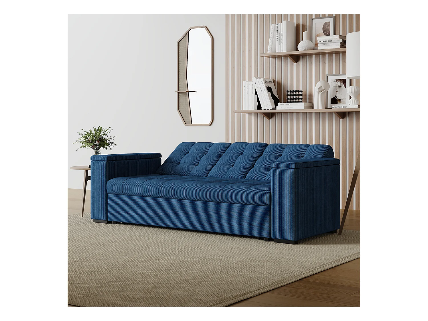 Canapé 3 places convertibles bleu velours côtelé NOHO
