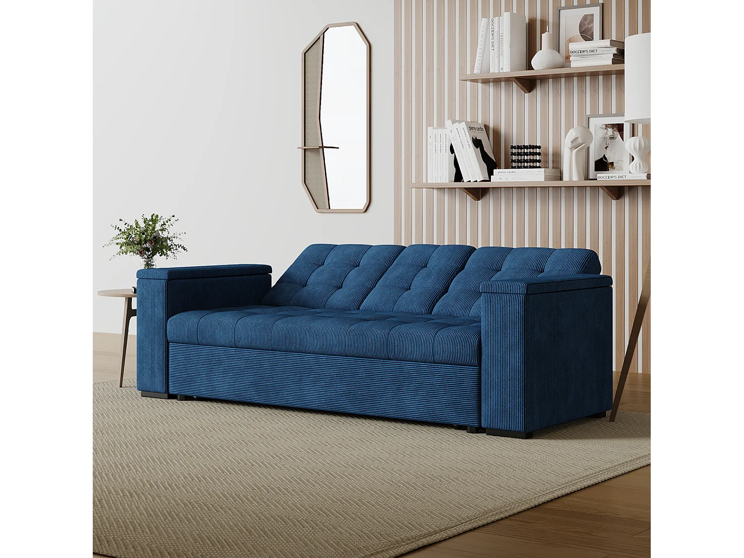 Canapé 3 places convertibles bleu velours côtelé NOHO