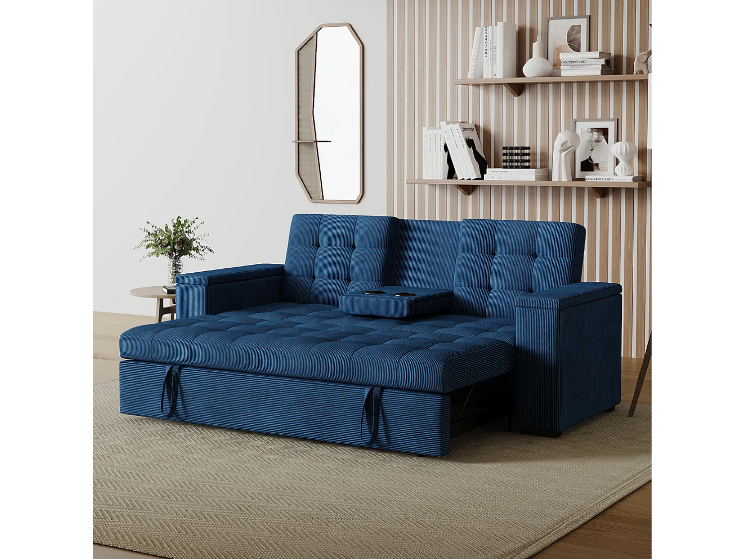 Canapé 3 places convertibles bleu velours côtelé NOHO