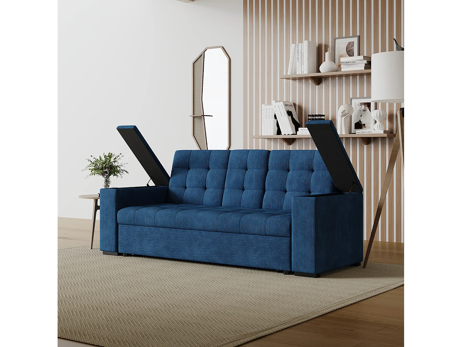 Canapé 3 places convertibles bleu velours côtelé NOHO