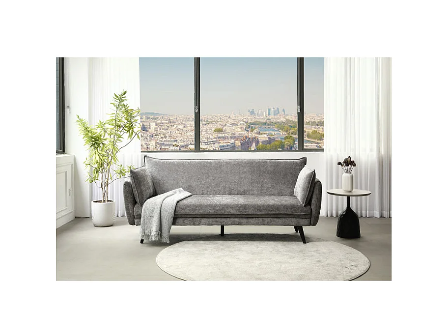 Canapé convertible en tissu doux gris et pieds en bois noir - HUGUES