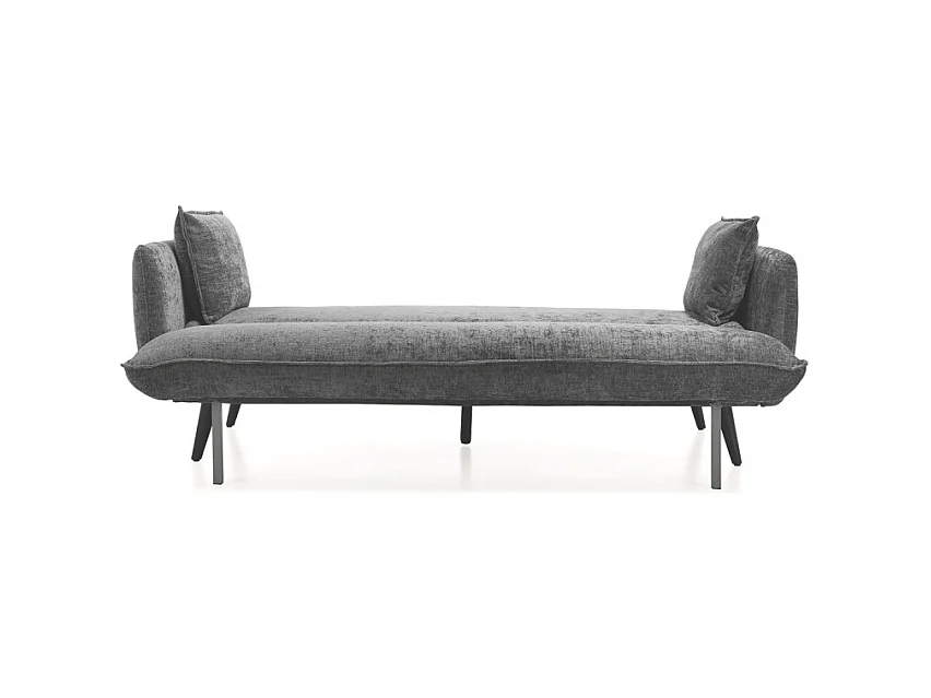 Canapé convertible en tissu doux gris et pieds en bois noir - HUGUES