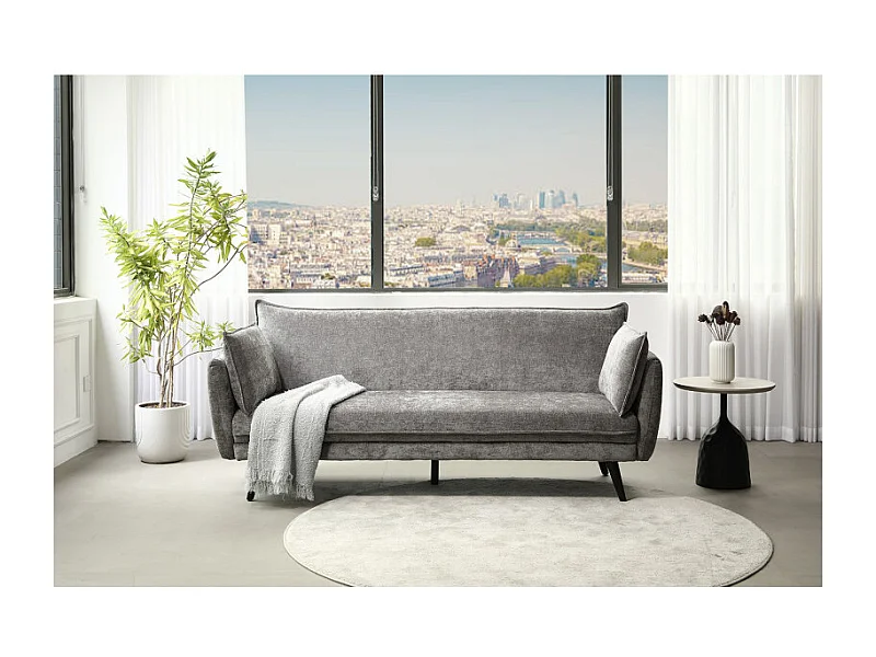 Canapé convertible en tissu doux gris et pieds en bois noir - HUGUES