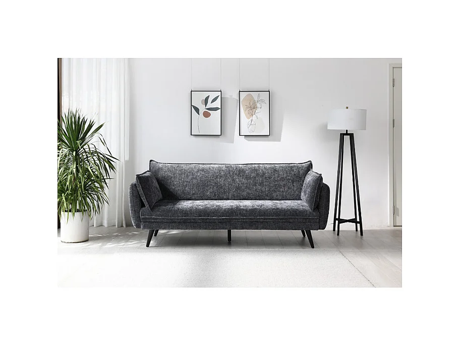 Canapé convertible en tissu doux gris foncé et pieds en bois - HUGUES
