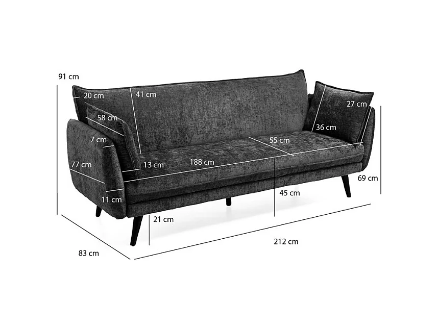 Canapé convertible en tissu doux gris foncé et pieds en bois - HUGUES