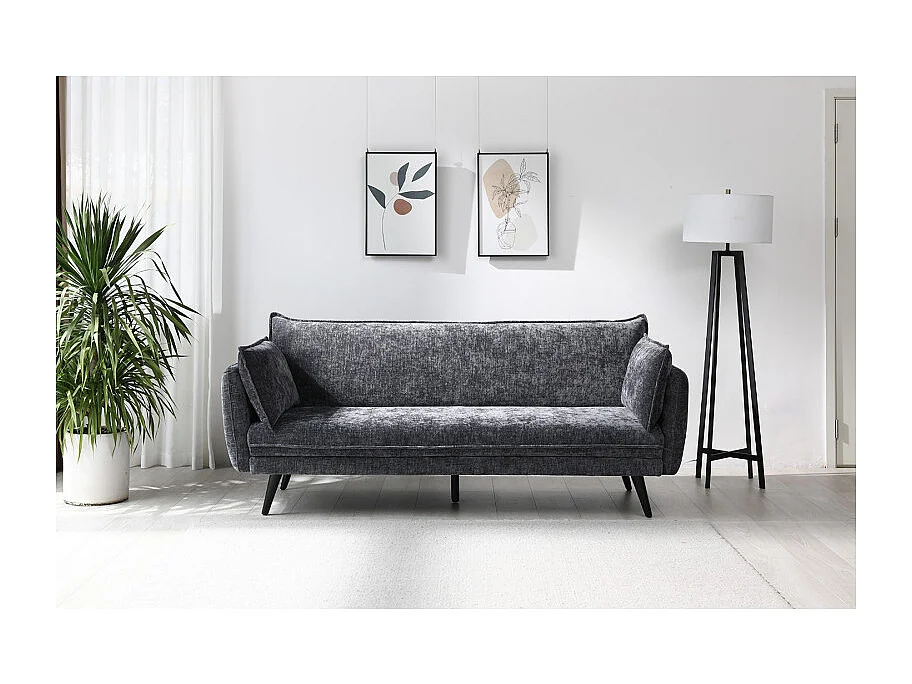 Canapé convertible en tissu doux gris foncé et pieds en bois - HUGUES