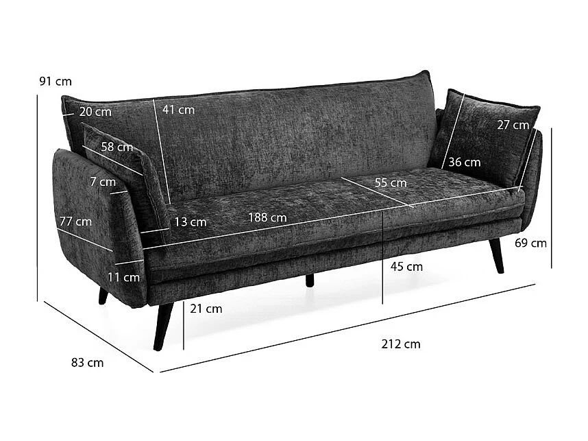 Canapé convertible en tissu doux gris foncé et pieds en bois - HUGUES