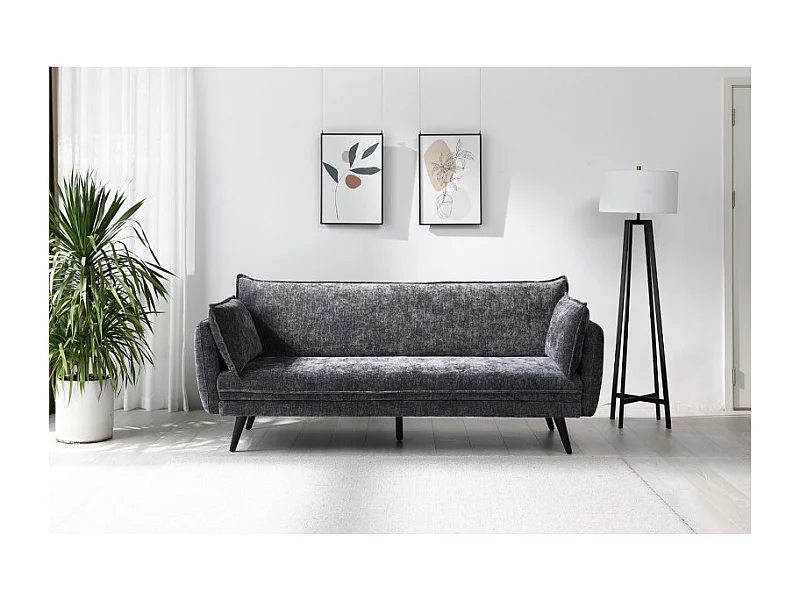 Canapé convertible en tissu doux gris foncé et pieds en bois - HUGUES