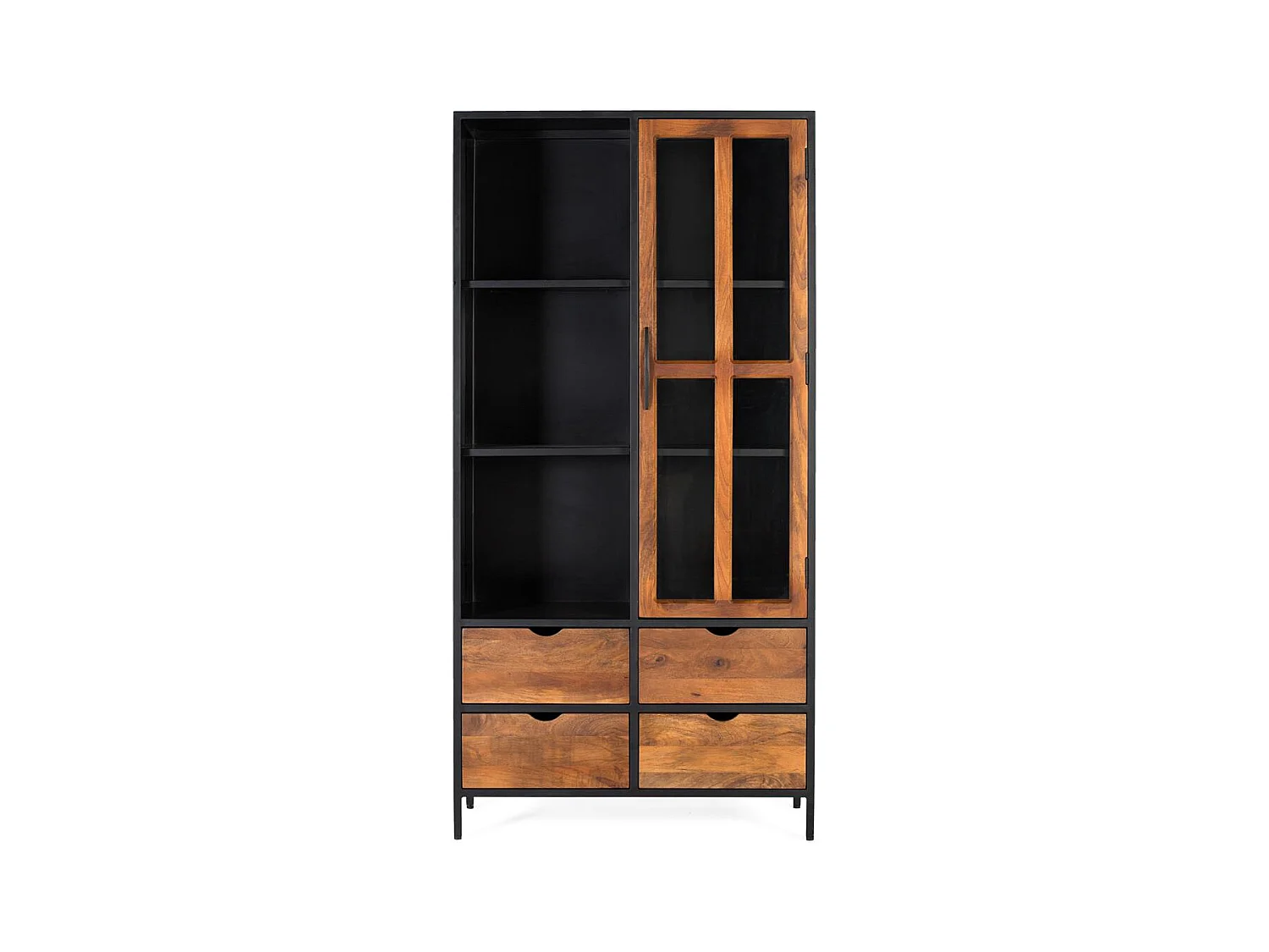 Vitrine avec 4 tiroirs et une porte vitrée avec structure métallique