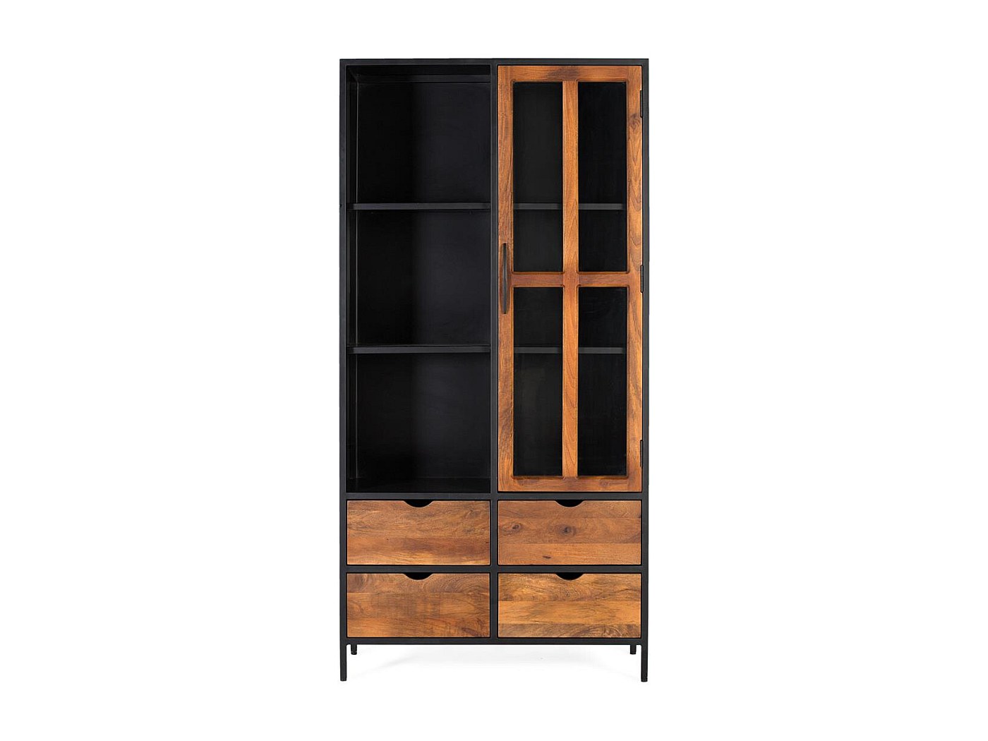 Buffet en bois avec 3 tiroirs, 1 porte pleine et 1 porte vitrée, meuble