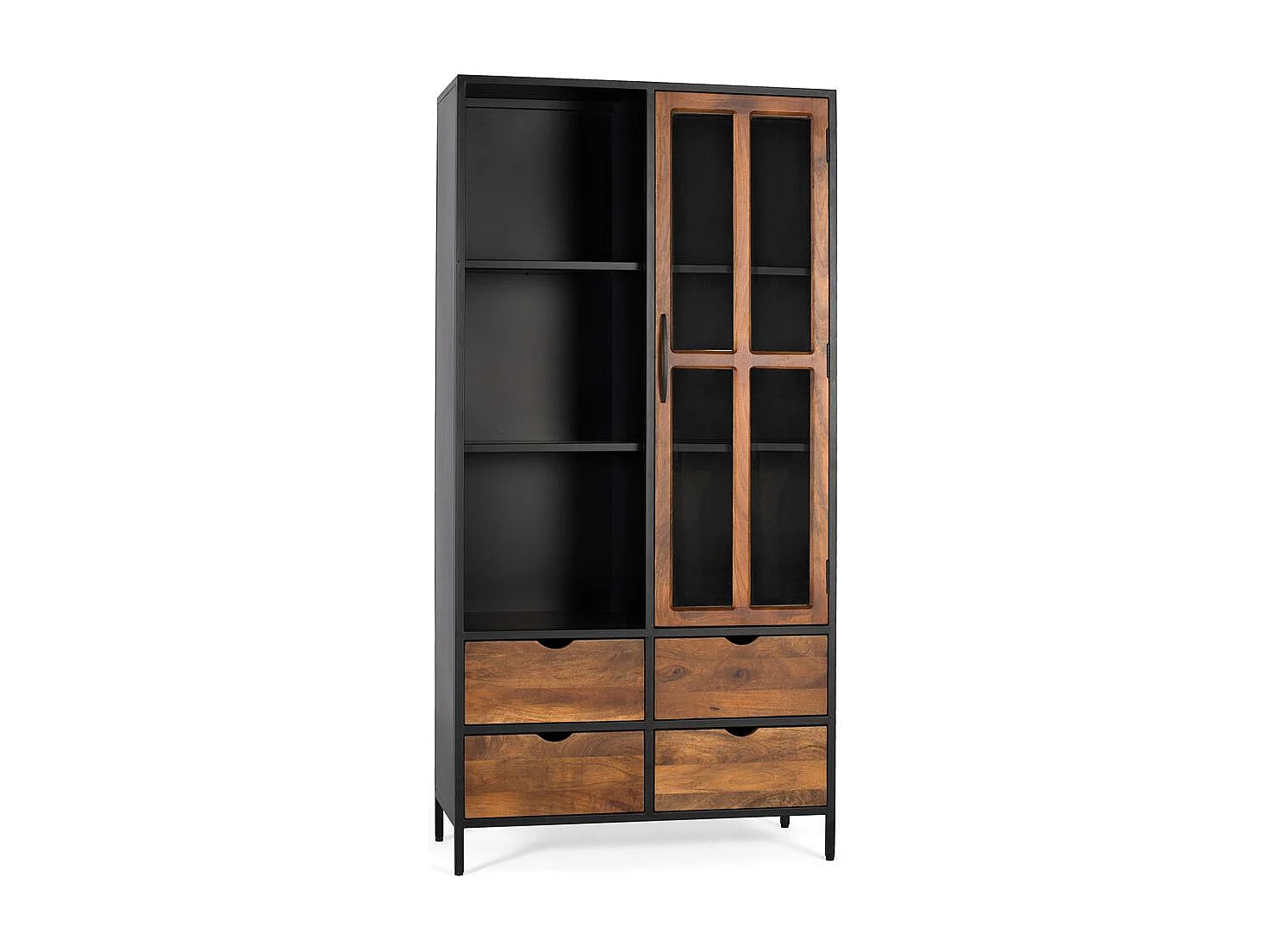 Vitrine avec 4 tiroirs et une porte vitrée avec structure métallique