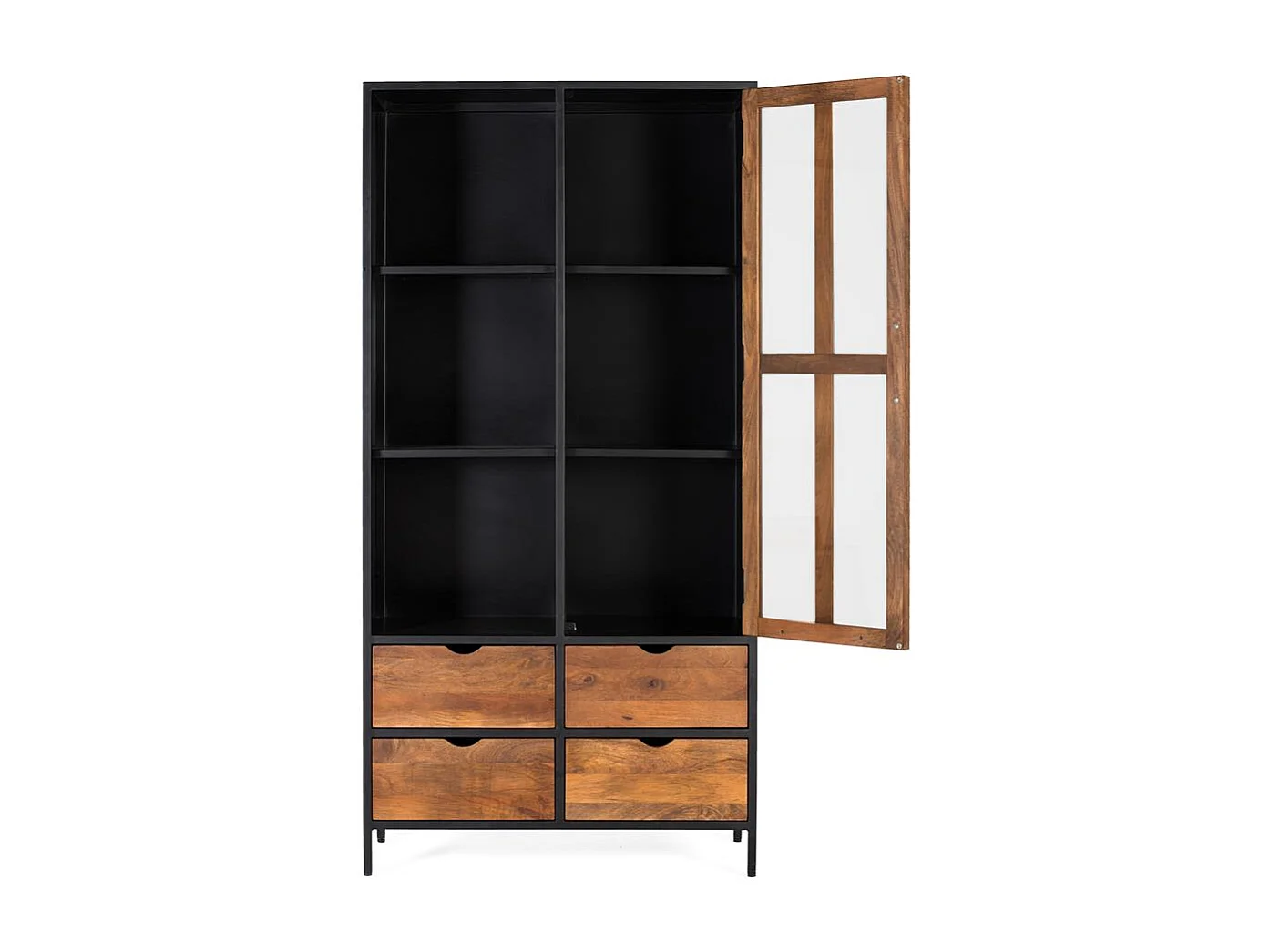 Vitrine avec 4 tiroirs et une porte vitrée avec structure métallique