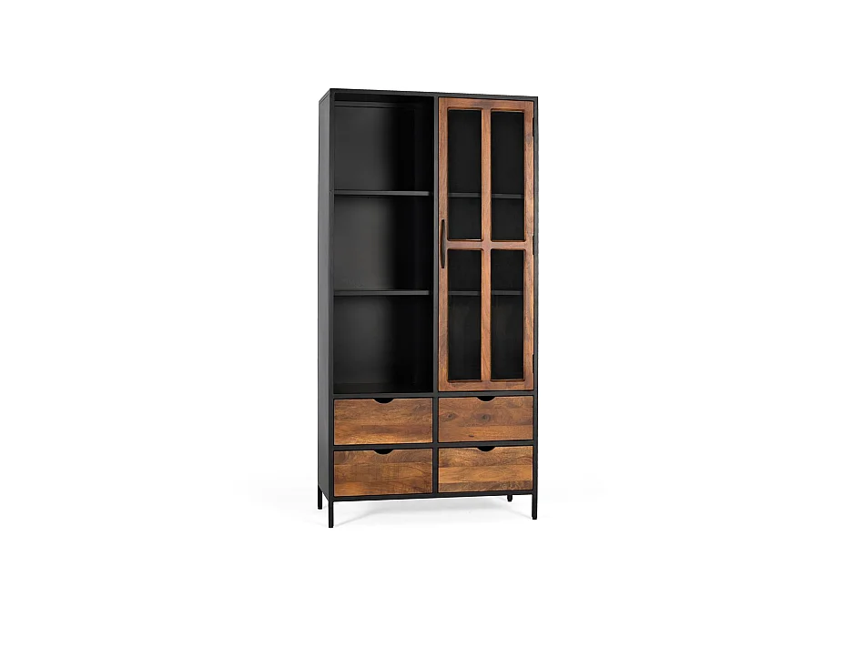 Vitrine en bois de manguier 90 cm, style industriel - 180 x 90 x 40 cm