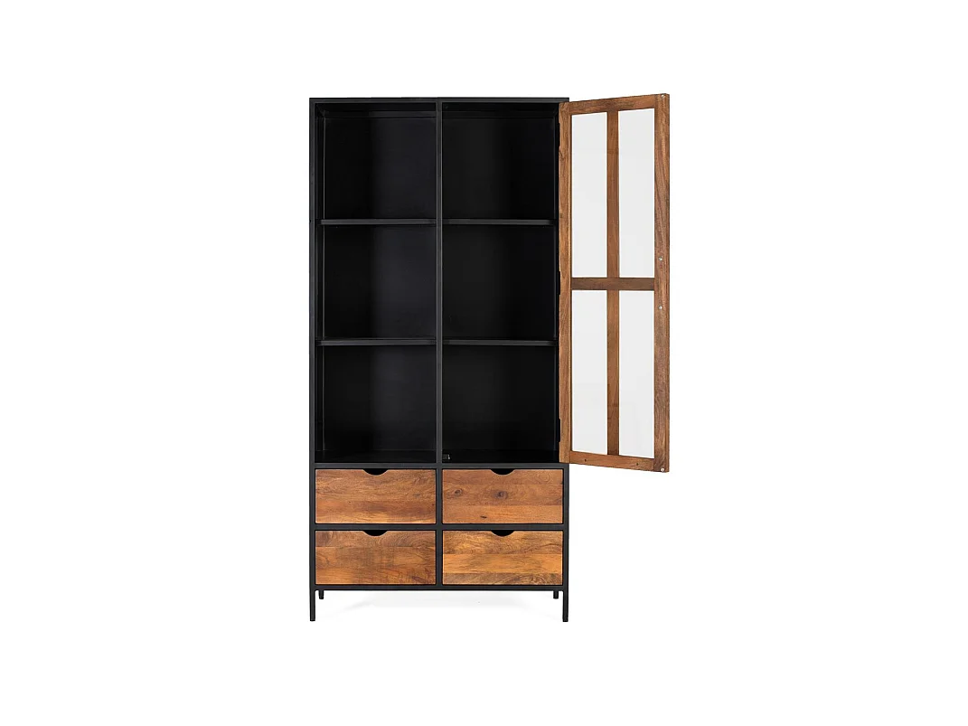 Vitrine en bois de manguier 90 cm, style industriel - 180 x 90 x 40 cm
