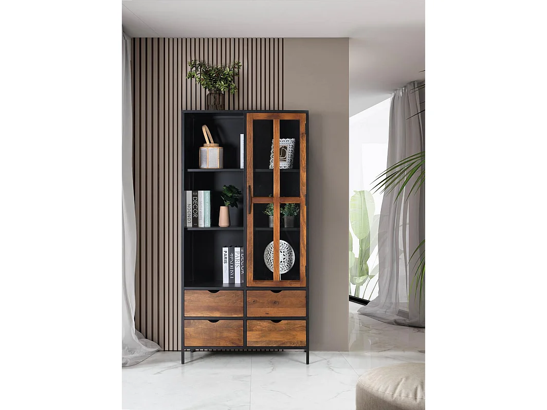 Vitrine en bois de manguier 90 cm, style industriel - 180 x 90 x 40 cm