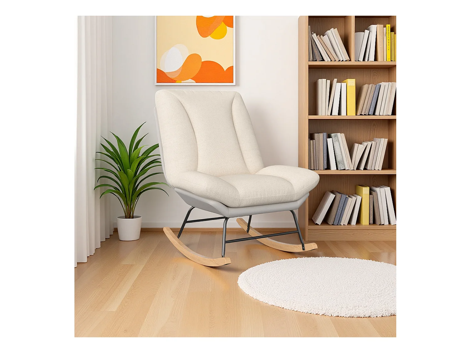 Chaise berçante moderne en lin et tissu technique, dossier 5 positions réglable, coussin et dossier fixés par velcro, couleur beige et gris