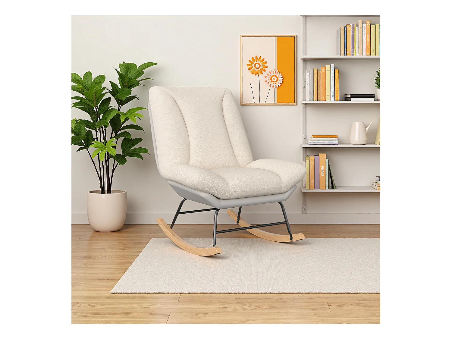 Chaise berçante moderne en lin et tissu technique, dossier 5 positions réglable, coussin et dossier fixés par velcro, couleur beige et gris