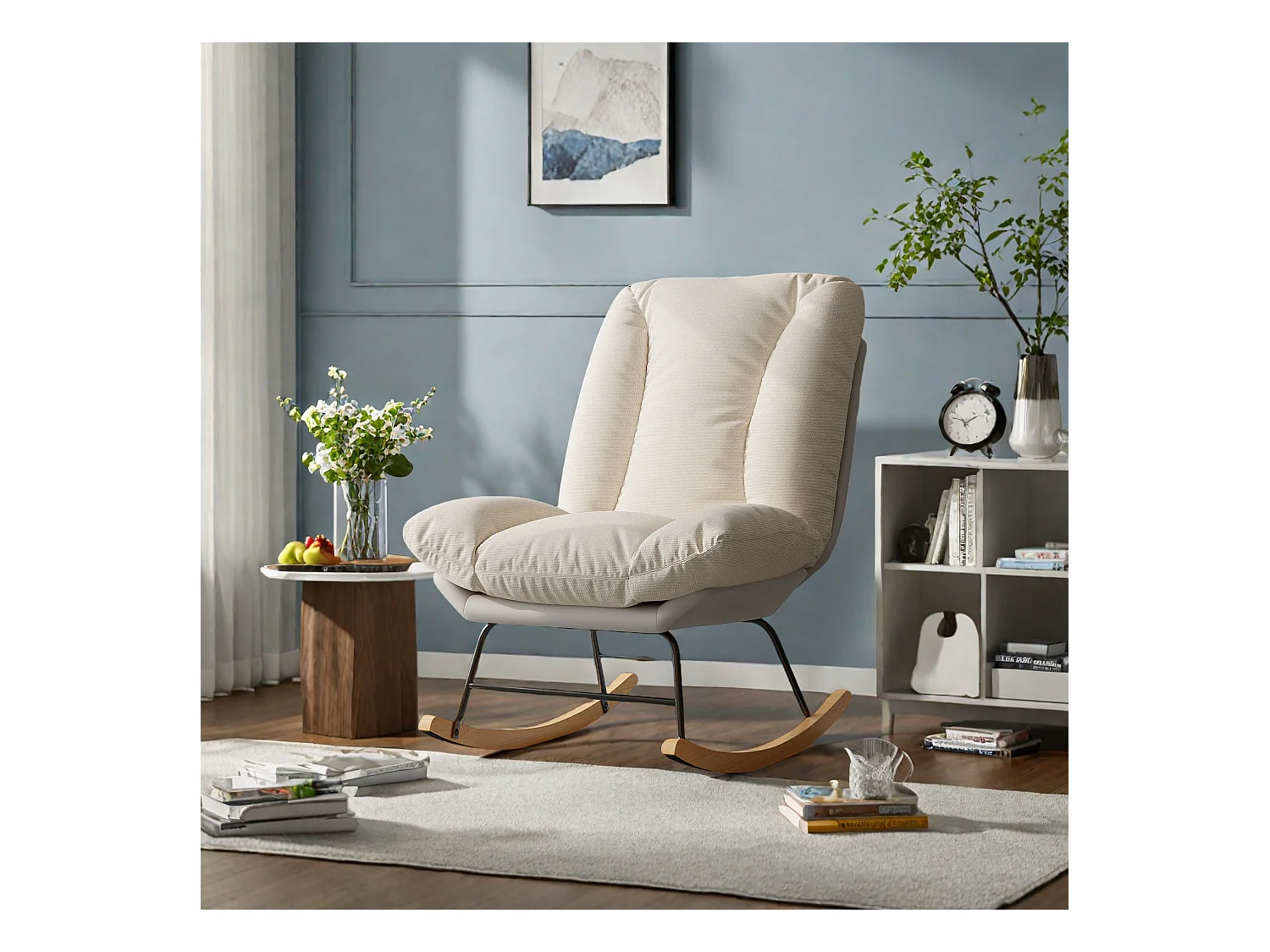 Chaise berçante moderne en lin et tissu technique, dossier 5 positions réglable, coussin et dossier fixés par velcro, couleur beige et gris
