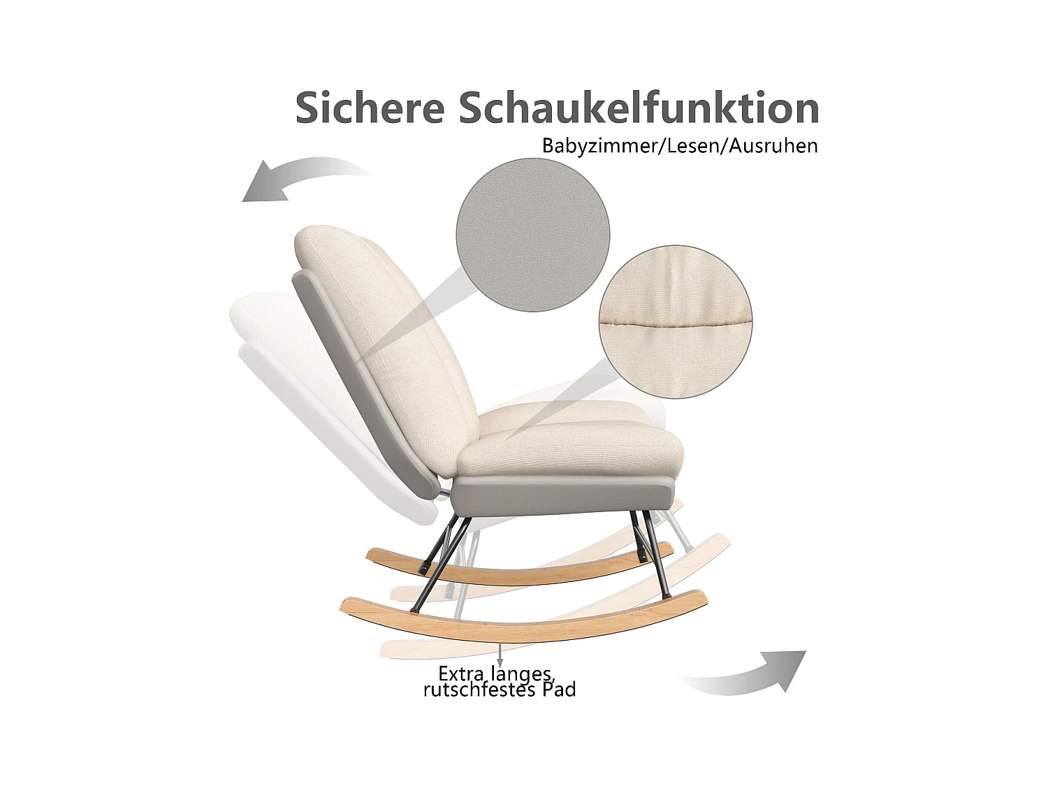 Chaise berçante moderne en lin et tissu technique, dossier 5 positions réglable, coussin et dossier fixés par velcro, couleur beige et gris