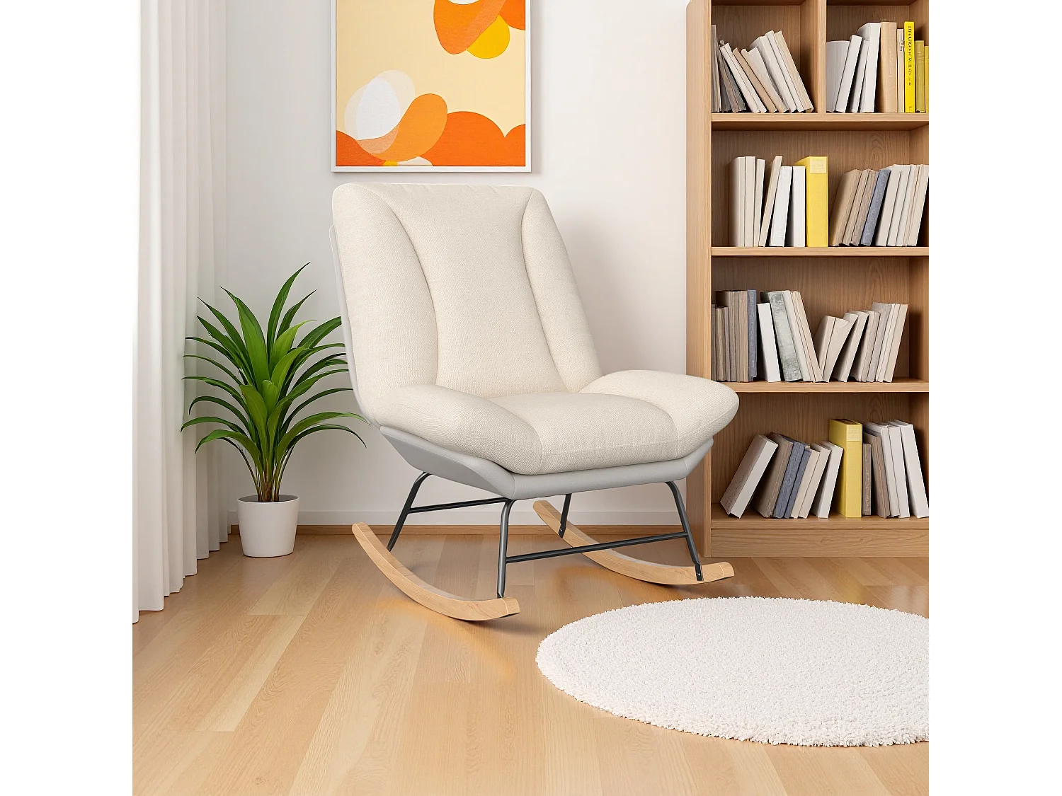 Chaise berçante moderne en lin et tissu technique, dossier 5 positions réglable, coussin et dossier fixés par velcro, couleur beige et gris