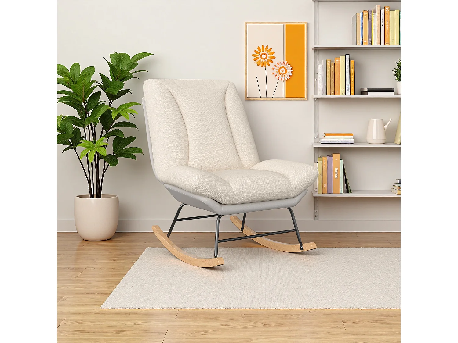Chaise berçante moderne en lin et tissu technique, dossier 5 positions réglable, coussin et dossier fixés par velcro, couleur beige et gris