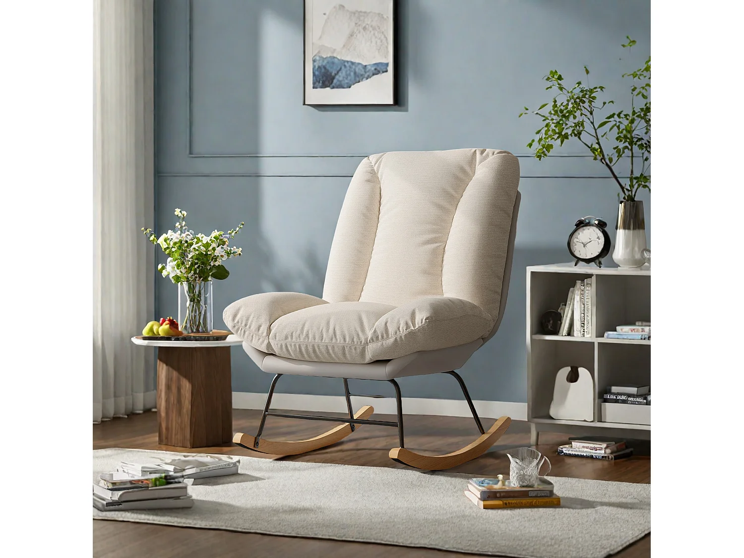 Chaise berçante moderne en lin et tissu technique, dossier 5 positions réglable, coussin et dossier fixés par velcro, couleur beige et gris