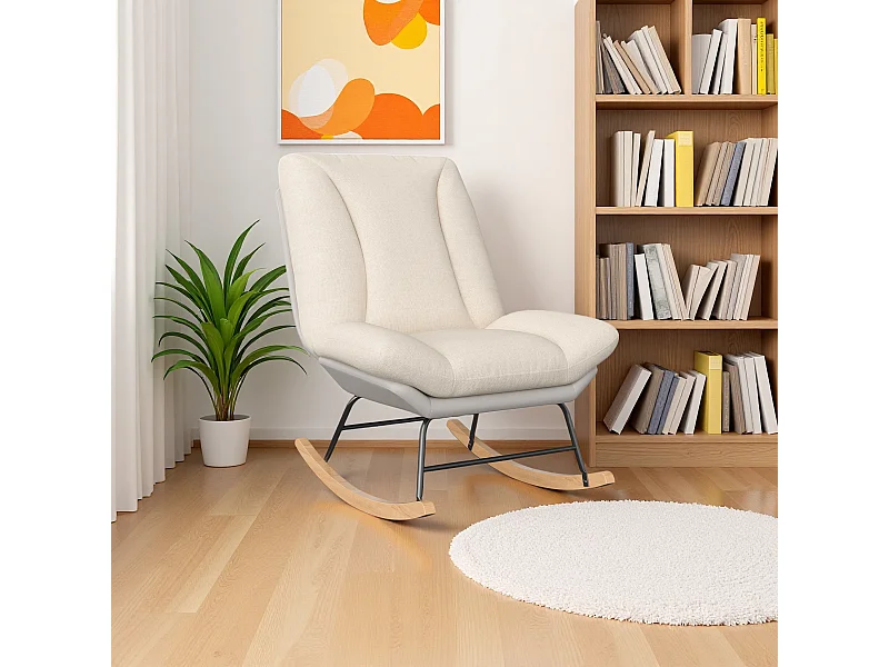 Chaise berçante moderne en lin et tissu technique, dossier 5 positions réglable, coussin et dossier fixés par velcro, couleur beige et gris