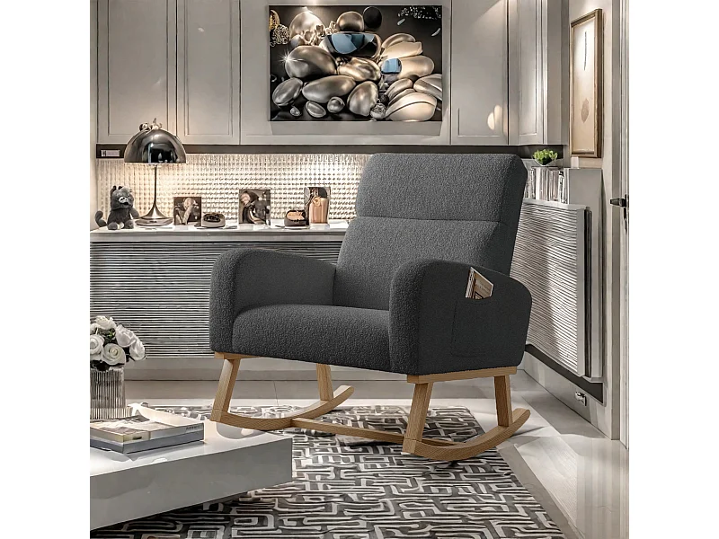 Fauteuil à bascule en tissu teddy noir avec poches latérales, assise large et patins antidérapants silencieux