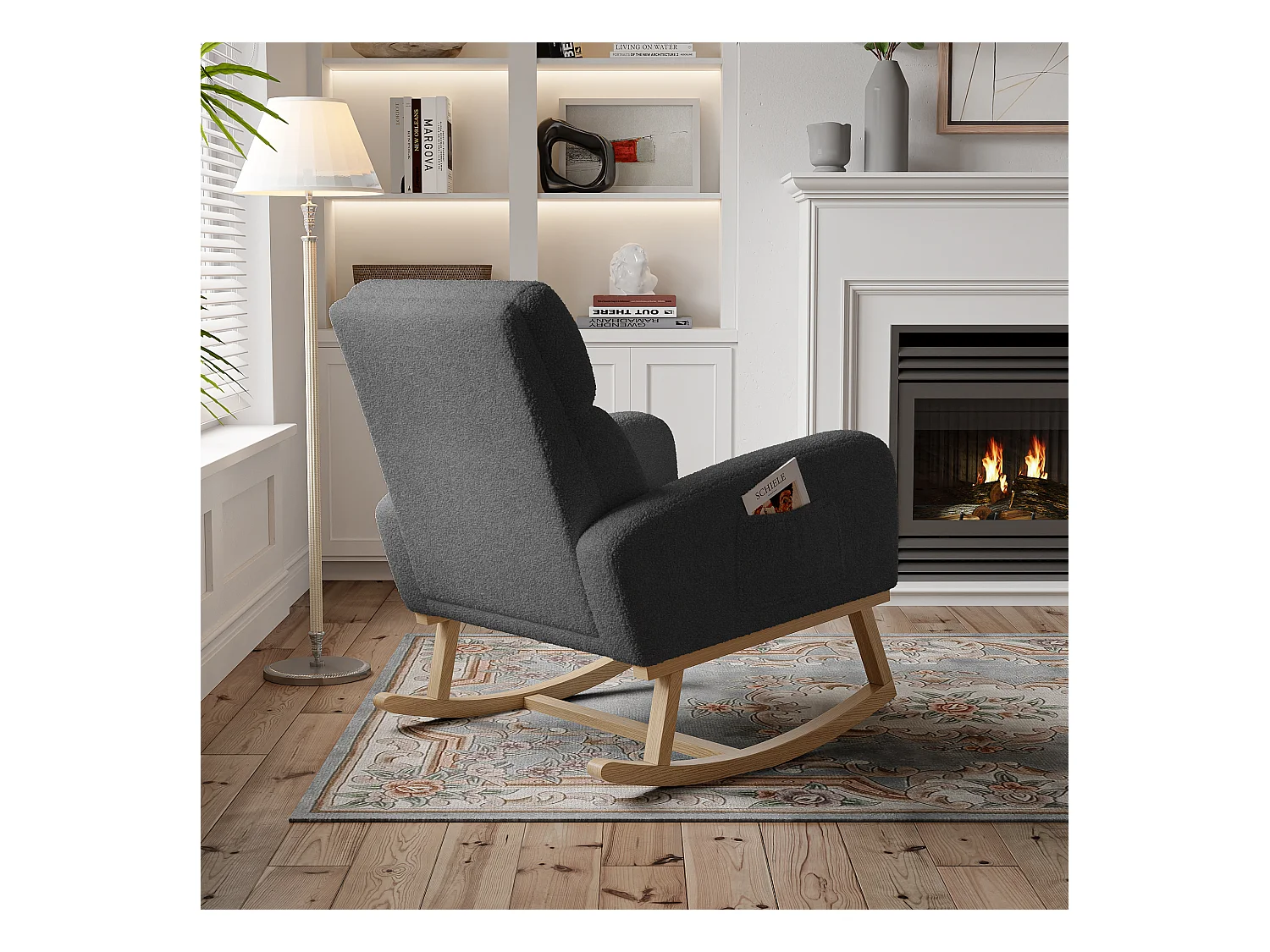 Fauteuil à bascule en tissu teddy noir avec poches latérales, assise large et patins antidérapants silencieux