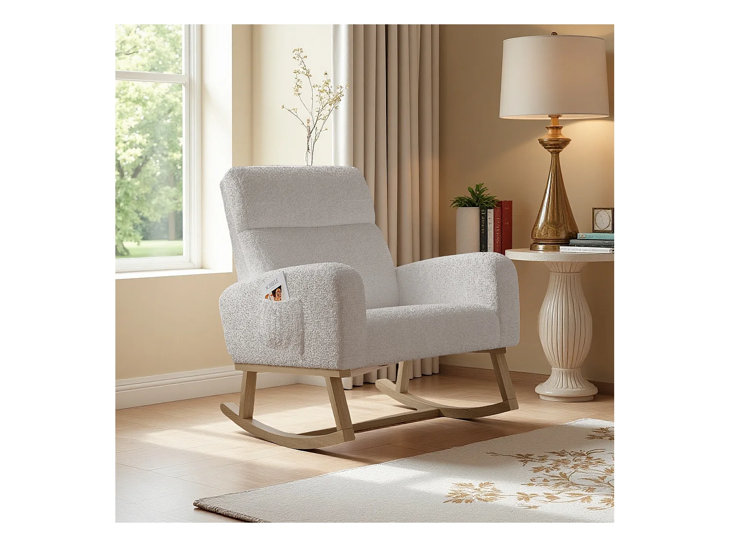 Fauteuil à bascule en tissu teddy blanc avec poches latérales, assise large et patins antidérapants silencieux