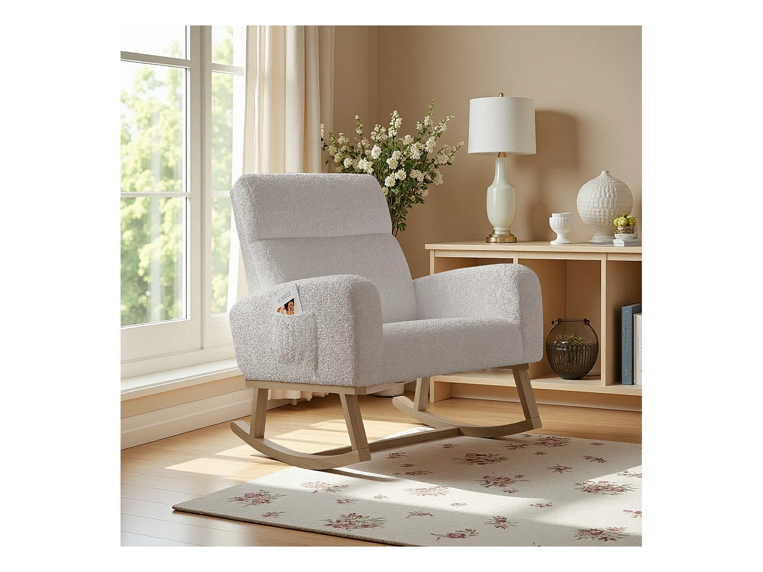 Fauteuil à bascule en tissu teddy blanc avec poches latérales, assise large et patins antidérapants silencieux