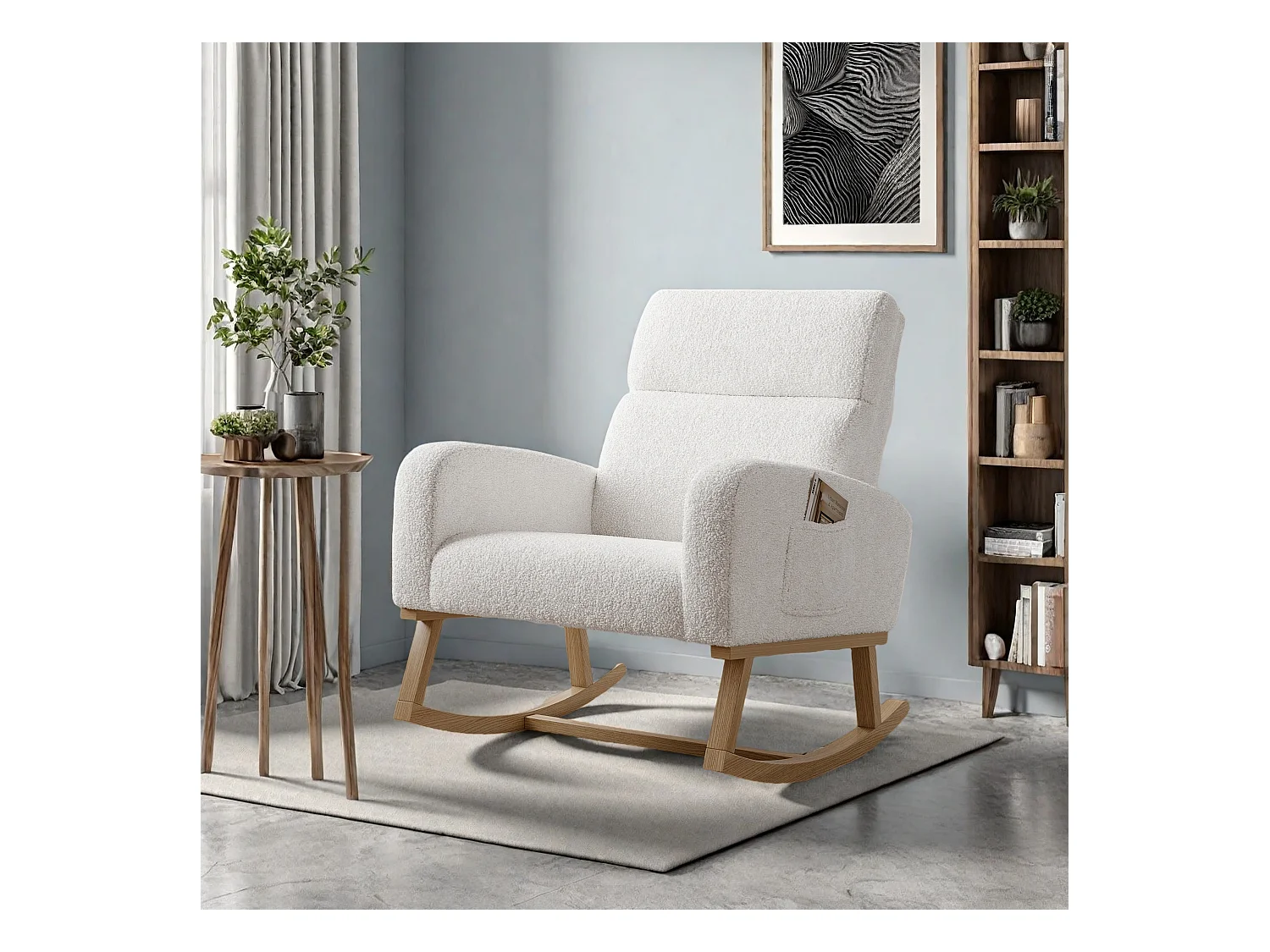 Fauteuil à bascule en tissu teddy blanc avec poches latérales, assise large et patins antidérapants silencieux