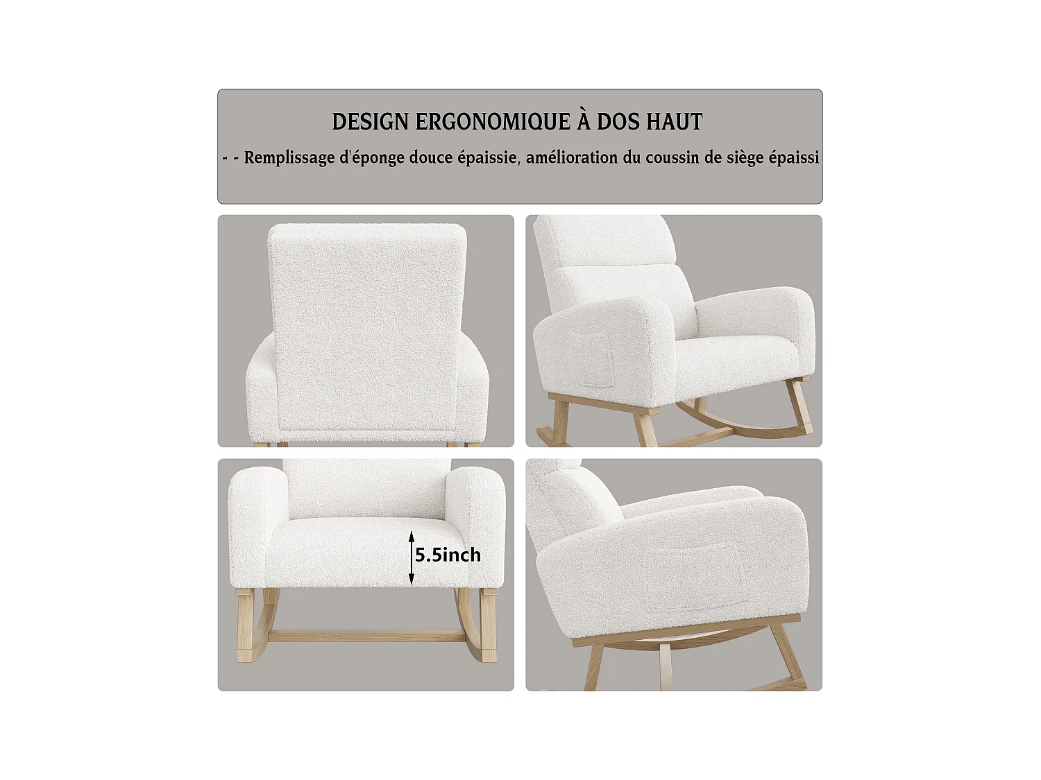 Fauteuil à bascule en tissu teddy blanc avec poches latérales, assise large et patins antidérapants silencieux