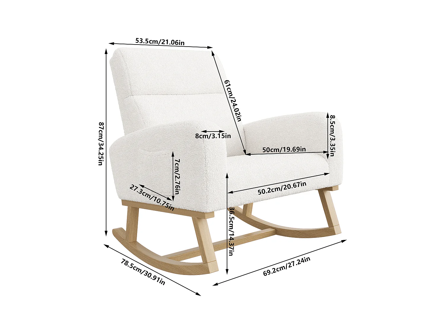 Fauteuil à bascule en tissu teddy blanc avec poches latérales, assise large et patins antidérapants silencieux
