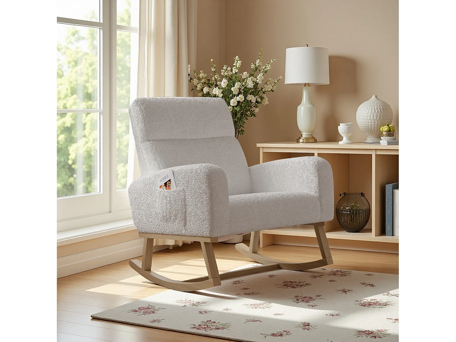 Fauteuil à bascule en tissu teddy blanc avec poches latérales, assise large et patins antidérapants silencieux