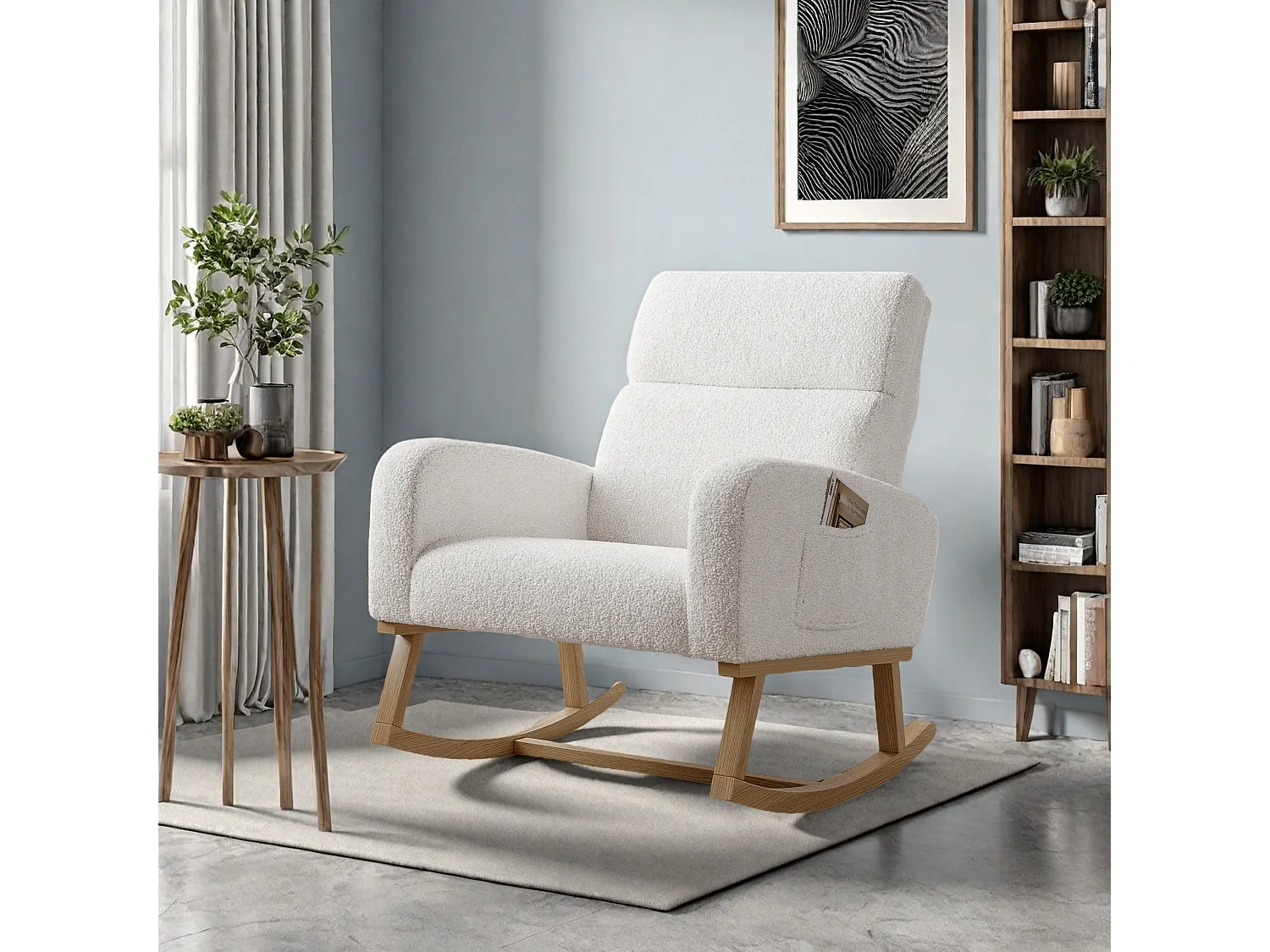 Fauteuil à bascule en tissu teddy blanc avec poches latérales, assise large et patins antidérapants silencieux