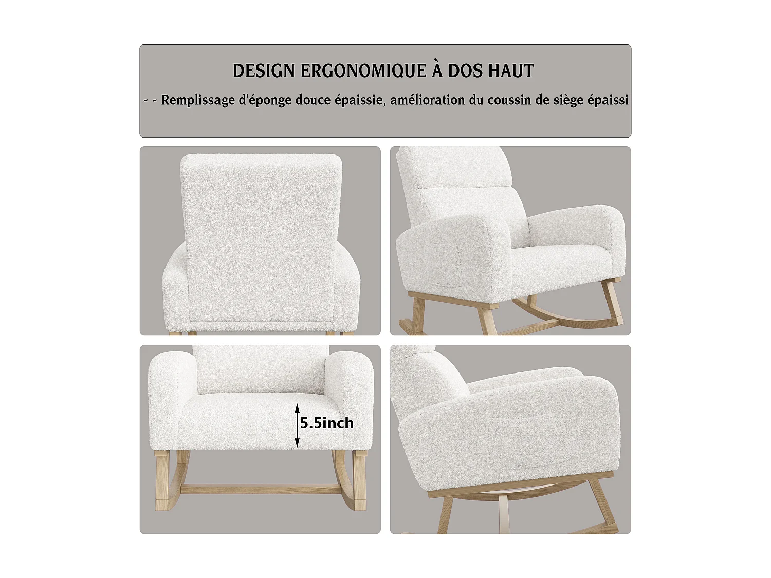 Fauteuil à bascule en tissu teddy blanc avec poches latérales, assise large et patins antidérapants silencieux
