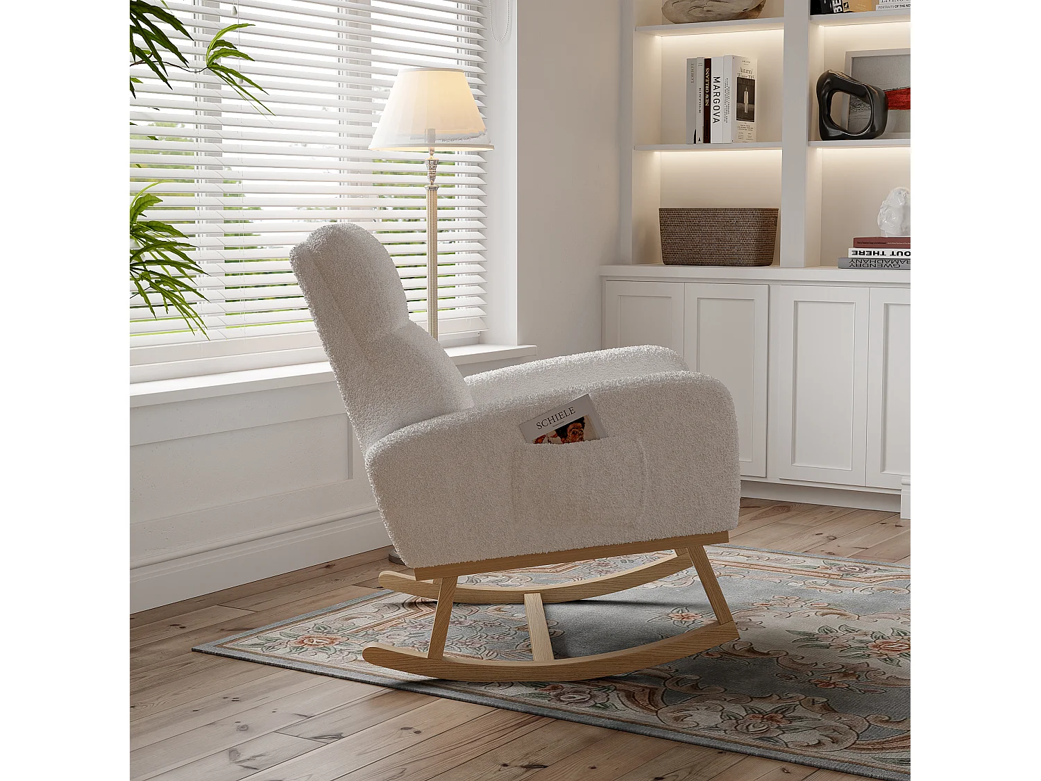 Fauteuil à bascule en tissu teddy blanc avec poches latérales, assise large et patins antidérapants silencieux