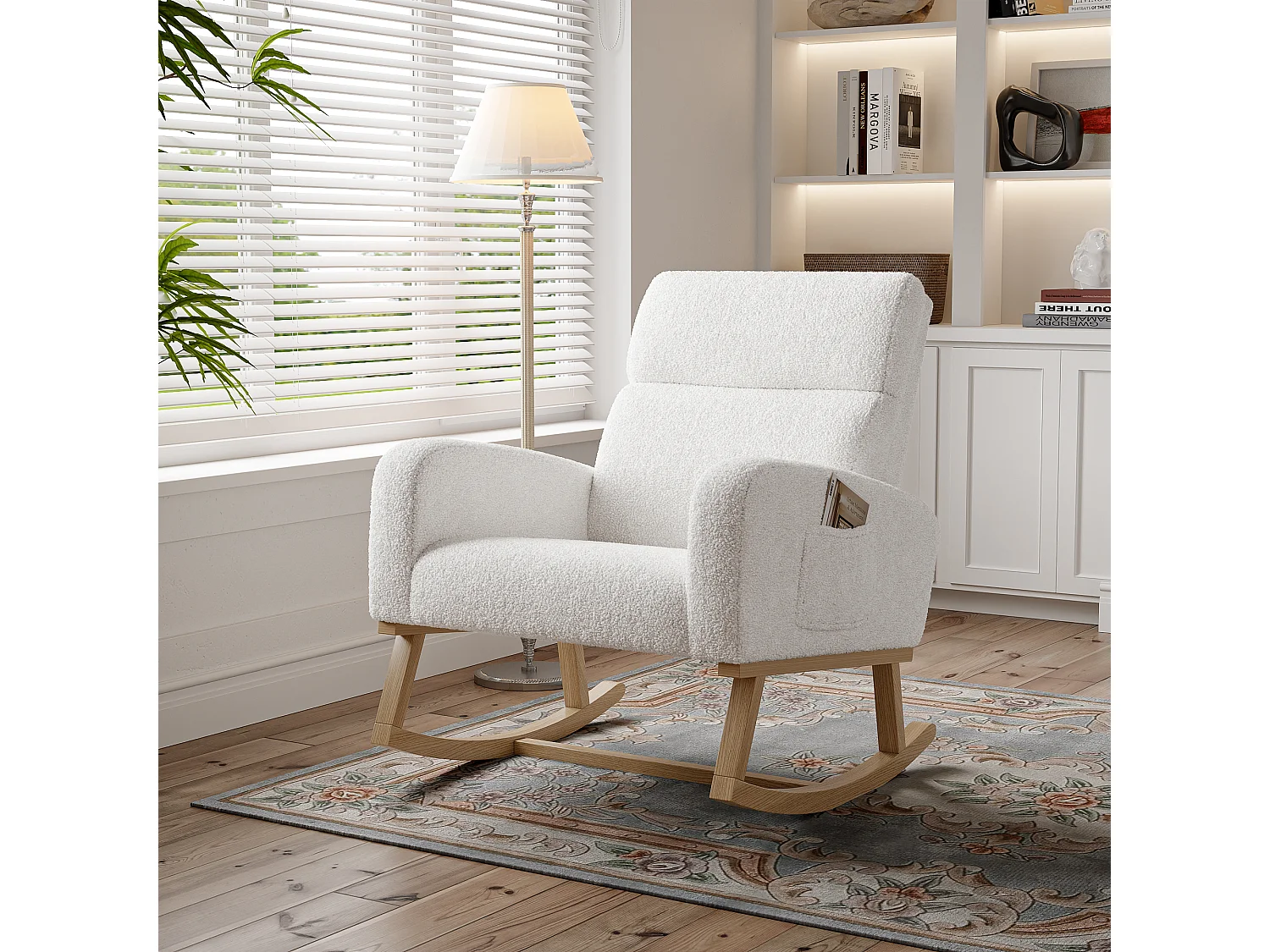 Fauteuil à bascule en tissu teddy blanc avec poches latérales, assise large et patins antidérapants silencieux