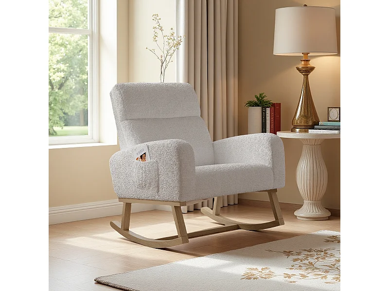 Fauteuil à bascule en tissu teddy blanc avec poches latérales, assise large et patins antidérapants silencieux