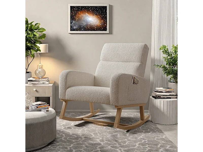 Fauteuil à bascule en tissu teddy beige avec poches latérales, assise large et patins antidérapants silencieux