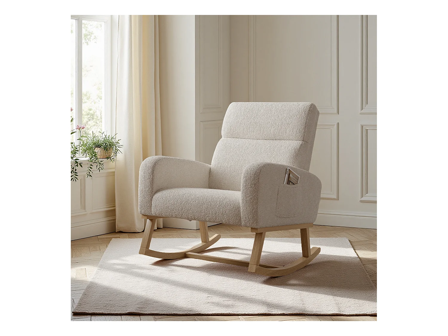 Cadeira de balanço em tecido Teddy bege com bolsos laterais, assento largo e almofadas antiderrapantes silenciosas
